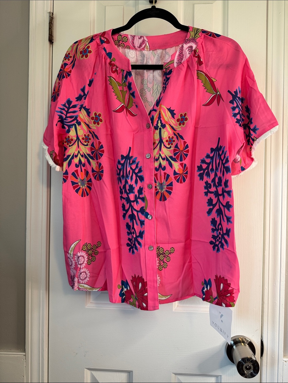 Bright Pink Floral Button-Front Women's Blouse (28)